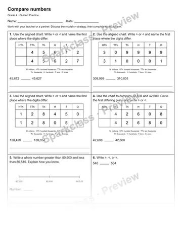 Compare numbers — Guided Practice — Grade 4 worksheet preview
