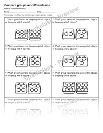 Compare groups more/fewer/same — Independent Practice — Kindergarten worksheet preview