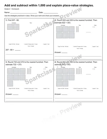 Add and subtract within 1,000 and explain place-value strategies. — Homework — Grade 2 worksheet preview