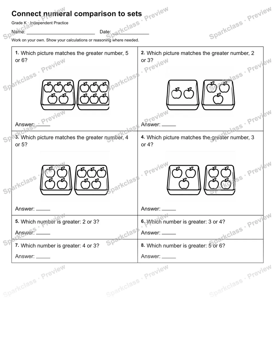 Connect numeral comparison to sets — Independent Practice — page 1