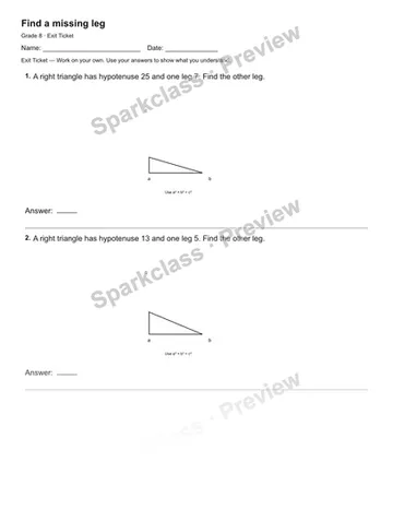 Find a missing leg — Exit Ticket — Grade 8 worksheet preview
