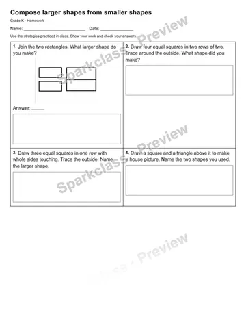 Compose larger shapes from smaller shapes — Homework — Kindergarten worksheet preview