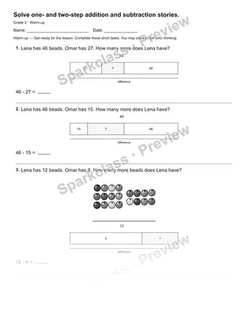 Solve one- and two-step addition and subtraction stories. — Warm-up — Grade 2 worksheet preview