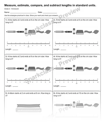 Measure, estimate, compare, and subtract lengths in standard units. — Homework — Grade 2 worksheet preview