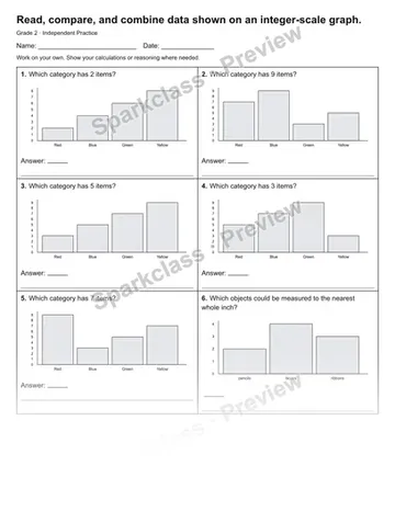 Read, compare, and combine data shown on an integer-scale graph. — Independent Practice — Grade 2 worksheet preview