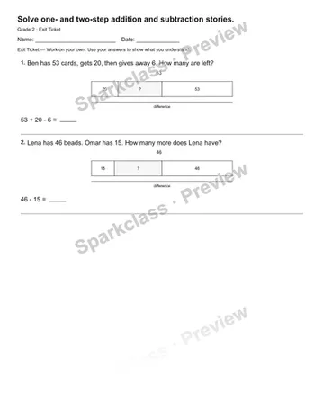 Solve one- and two-step addition and subtraction stories. — Exit Ticket — Grade 2 worksheet preview