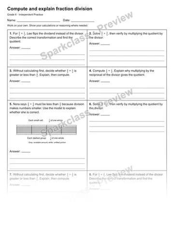 Compute and explain fraction division — Independent Practice — Grade 6 worksheet preview