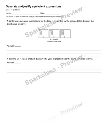 Generate and justify equivalent expressions — Exit Ticket — Grade 6 worksheet preview