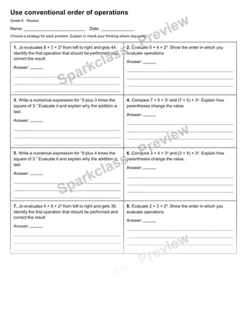 Use conventional order of operations — Review — Grade 6 worksheet preview