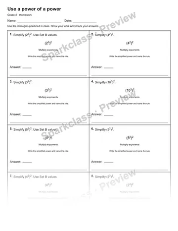 Use a power of a power — Homework — Grade 8 worksheet preview