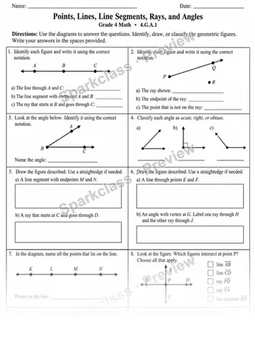 1 Points Lines Rays — Grade 4 worksheet preview