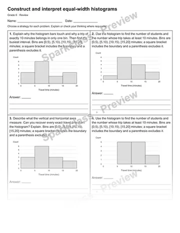 Construct and interpret equal-width histograms — Review — Grade 6 worksheet preview