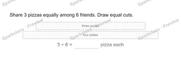 Share 3 pizzas equally among 6 friends. Draw equal cuts. three pizzas four plates 3 ÷ 6 = pizza each — Grade 5 problem preview