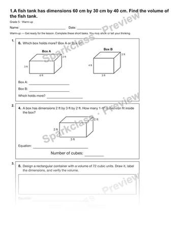 1.A fish tank has dimensions 60 cm by 30 cm by 40 cm. Find the volume of the fish tank. — Warm-up — Grade 5 worksheet preview