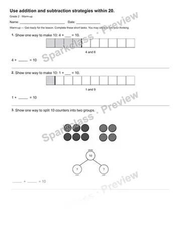 Use addition and subtraction strategies within 20. — Warm-up — Grade 2 worksheet preview