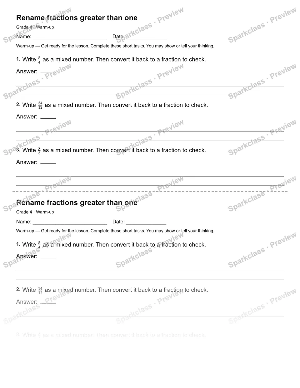 Rename fractions greater than one — Warm-up — page 1