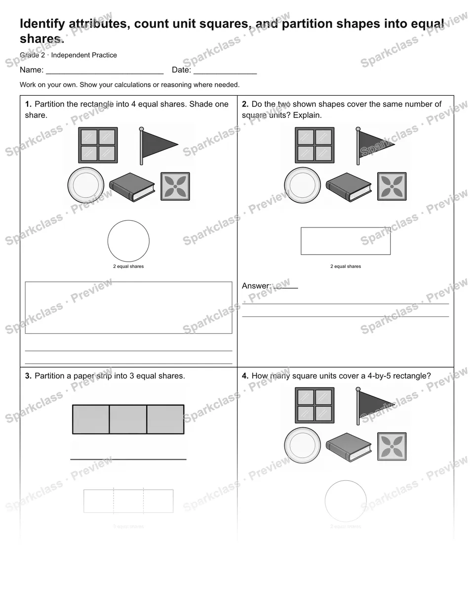 Identify attributes, count unit squares, and partition shapes into equal shares. — Independent Practice — page 1