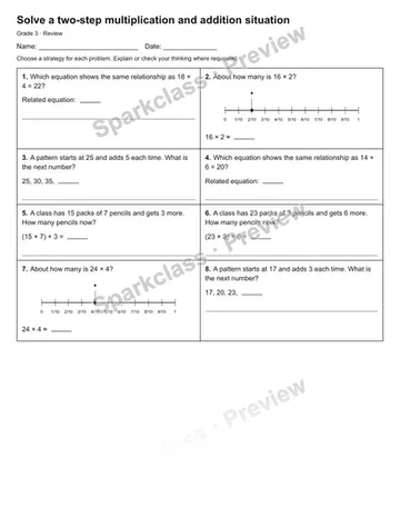 Solve a two-step multiplication and addition situation — Review — Grade 3 worksheet preview