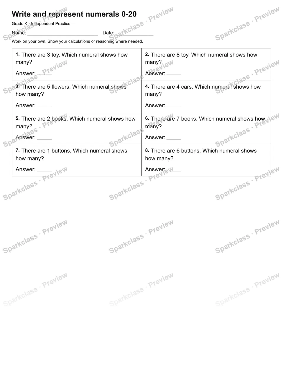 Write and represent numerals 0-20 — Independent Practice — page 1