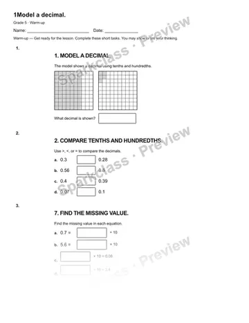 1Model a decimal. — Warm-up — Grade 5 worksheet preview