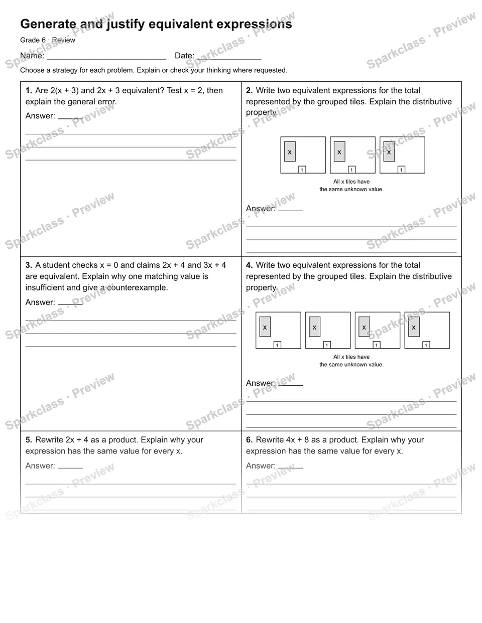 Generate and justify equivalent expressions — Review — page 1