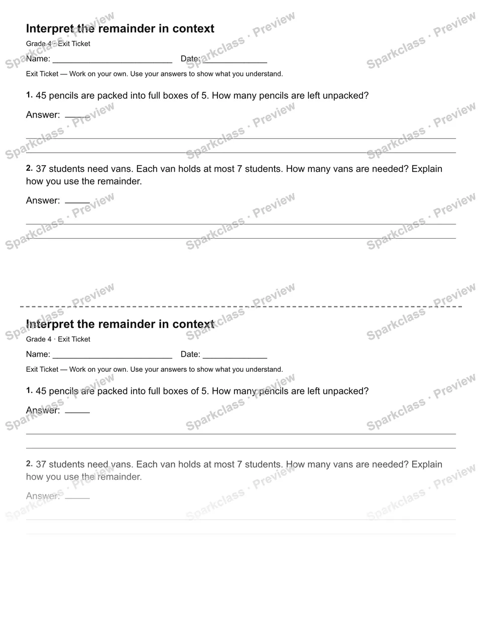 Interpret the remainder in context — Exit Ticket — page 1