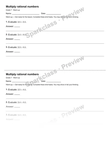 Multiply rational numbers — Warm-up — Grade 7 worksheet preview