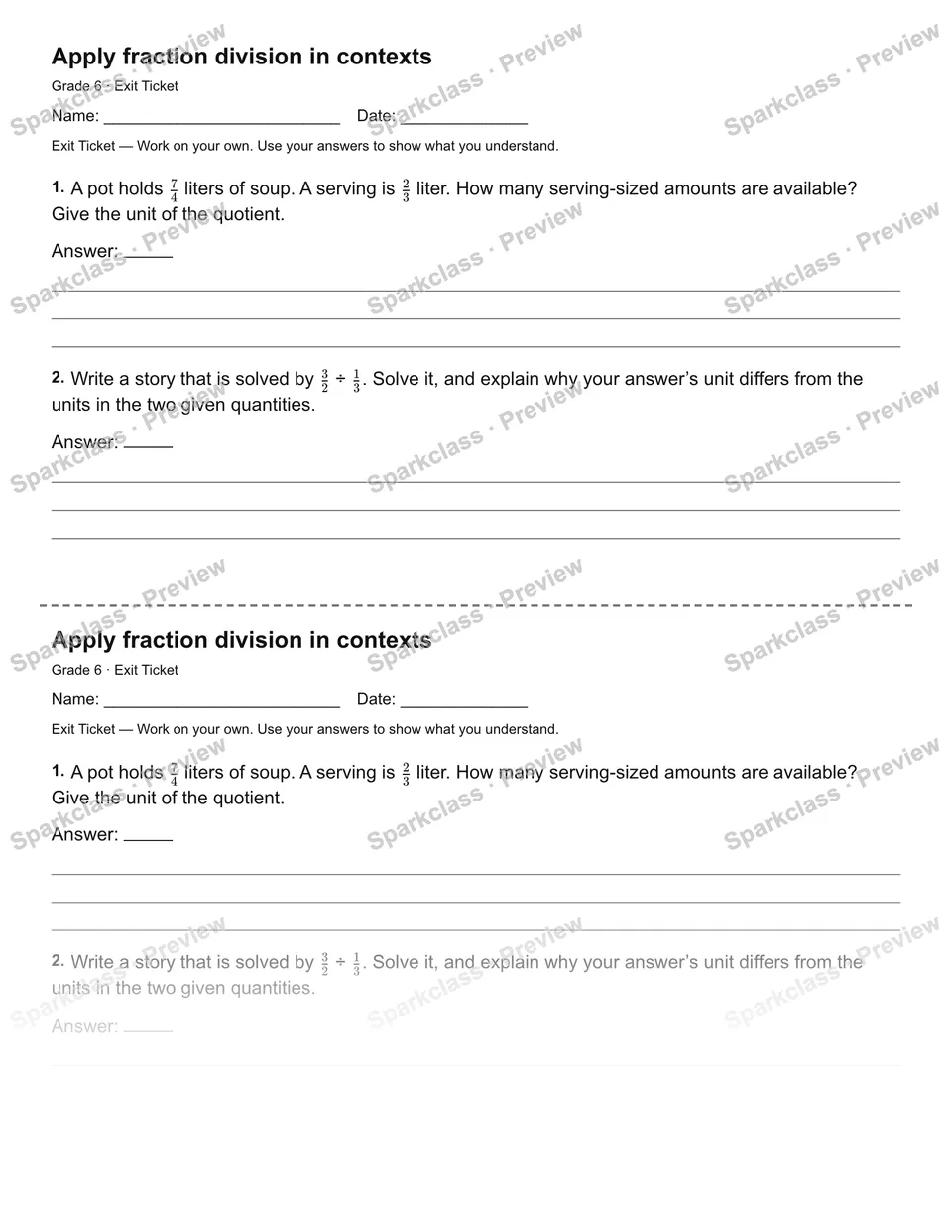 Apply fraction division in contexts — Exit Ticket — page 1