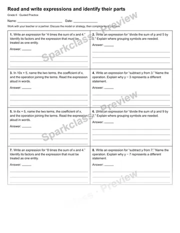 Read and write expressions and identify their parts — Guided Practice — Grade 6 worksheet preview