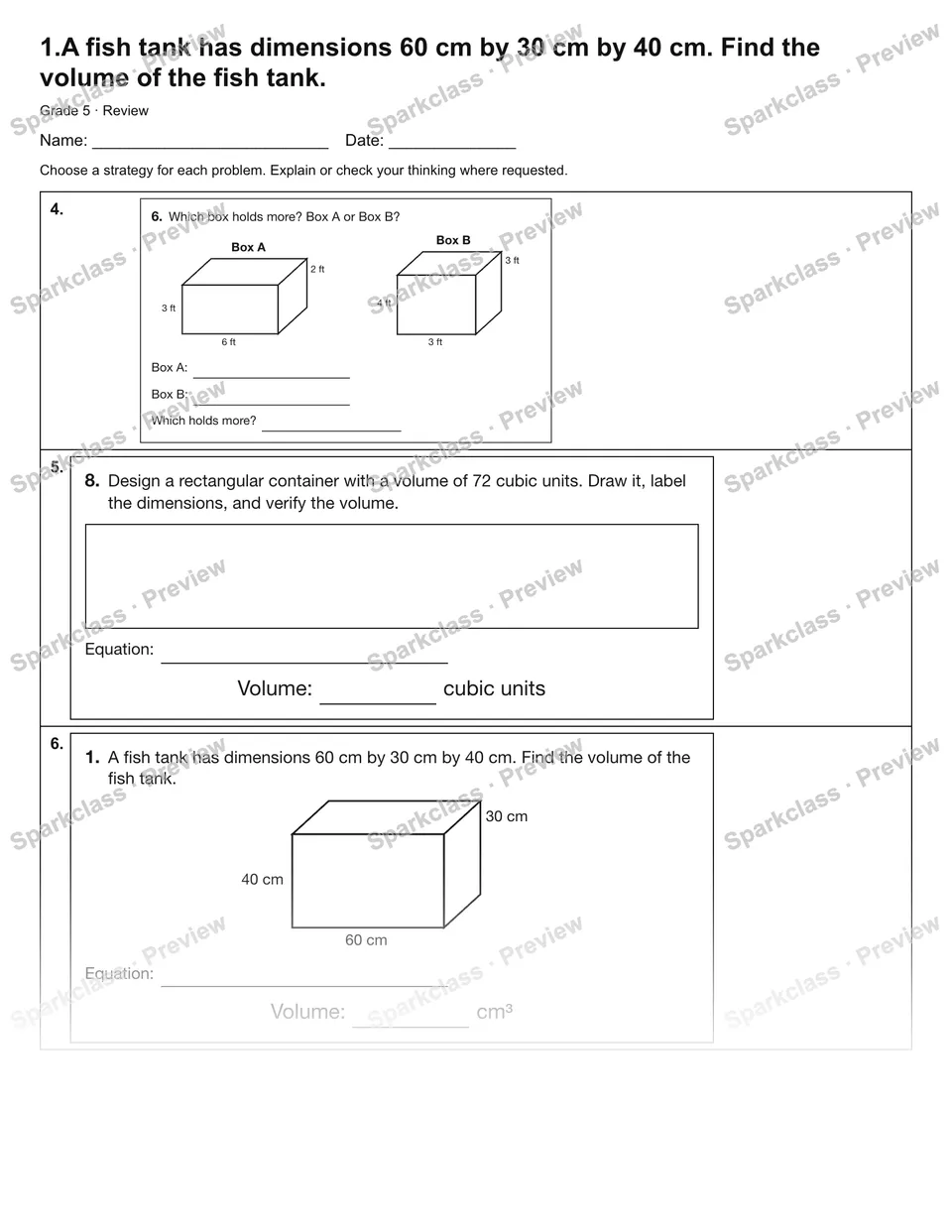 1.A fish tank has dimensions 60 cm by 30 cm by 40 cm. Find the volume of the fish tank. — Review — page 2