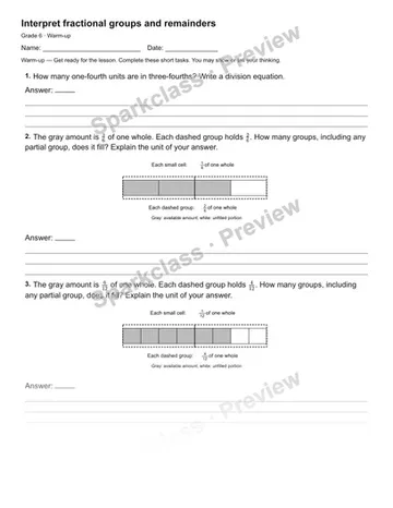 Interpret fractional groups and remainders — Warm-up — Grade 6 worksheet preview