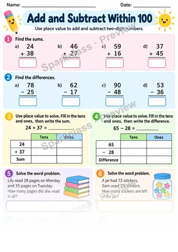 2.NBT.B.5 · Add Subtract Within 100 — Grade 2 worksheet preview