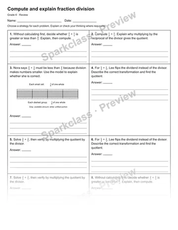 Compute and explain fraction division — Review — Grade 6 worksheet preview