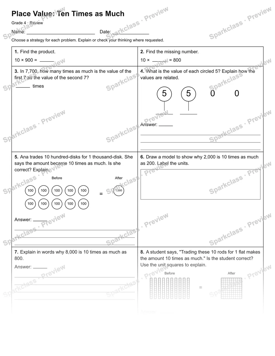 Place Value: Ten Times as Much — Review — page 1