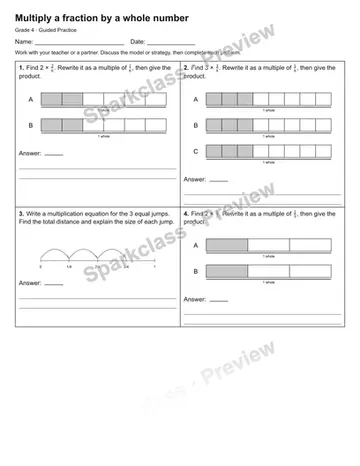 Multiply a fraction by a whole number — Guided Practice — Grade 4 worksheet preview