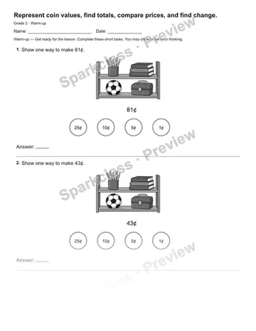 Represent coin values, find totals, compare prices, and find change. — Warm-up — Grade 2 worksheet preview