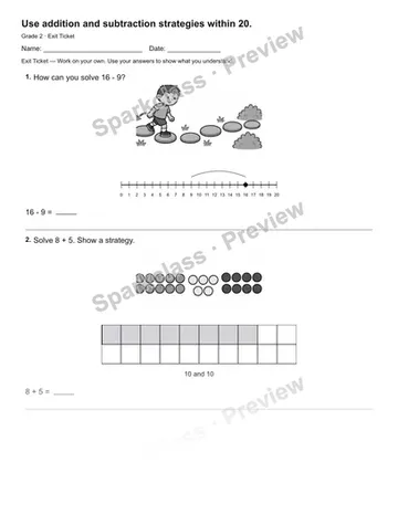 Use addition and subtraction strategies within 20. — Exit Ticket — Grade 2 worksheet preview