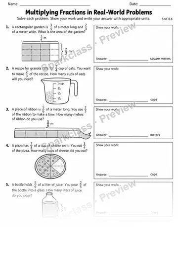 5.NF.B.6 · Fraction Multiplication Models — Grade 5 worksheet preview
