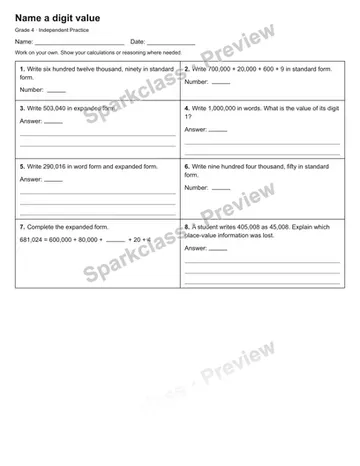 Name a digit value — Independent Practice — Grade 4 worksheet preview
