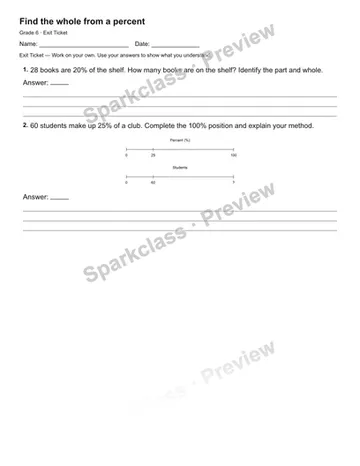 Find the whole from a percent — Exit Ticket — Grade 6 worksheet preview