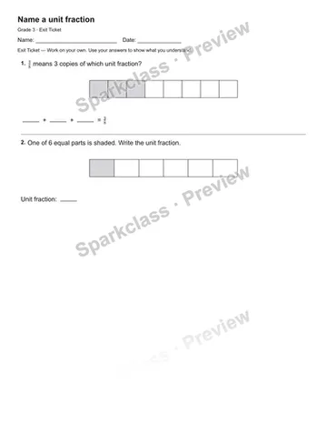 Name a unit fraction — Exit Ticket — Grade 3 worksheet preview