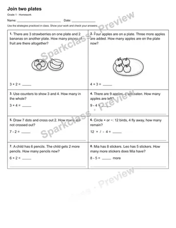 Join two plates — Homework — Grade 1 worksheet preview