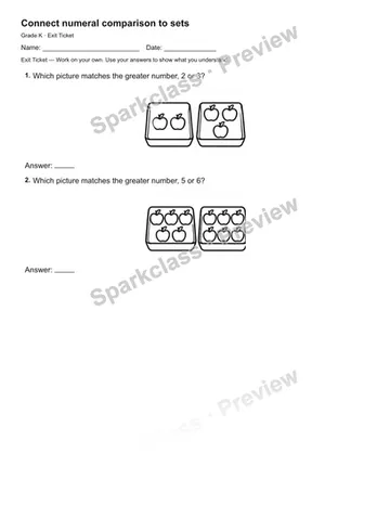 Connect numeral comparison to sets — Exit Ticket — Kindergarten worksheet preview