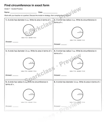Find circumference in exact form — Guided Practice — Grade 7 worksheet preview