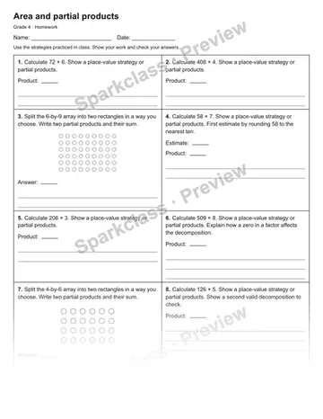 Area and partial products — Homework — Grade 4 worksheet preview