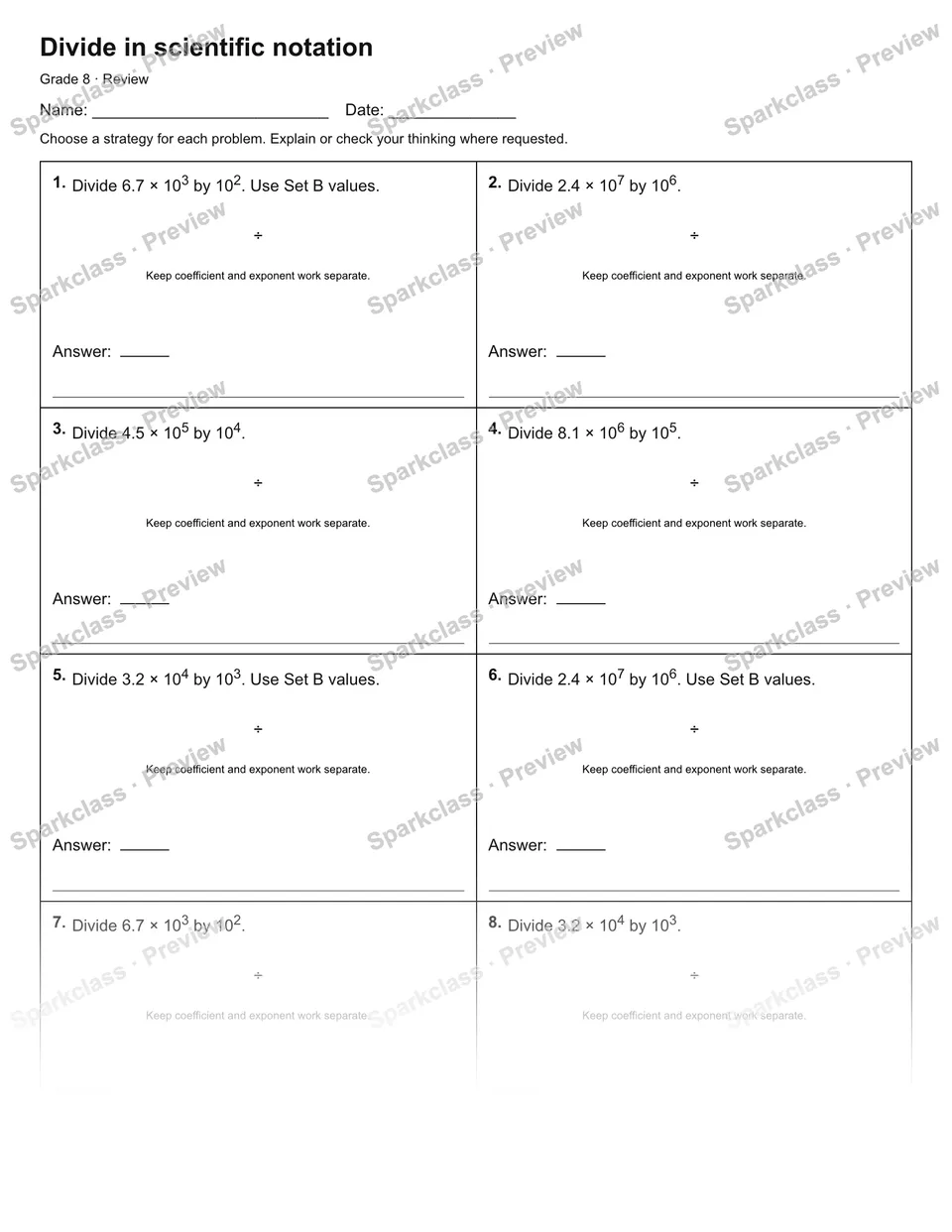 Divide in scientific notation — Review — page 1