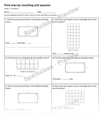 Find area by counting unit squares — Homework — Grade 3 worksheet preview