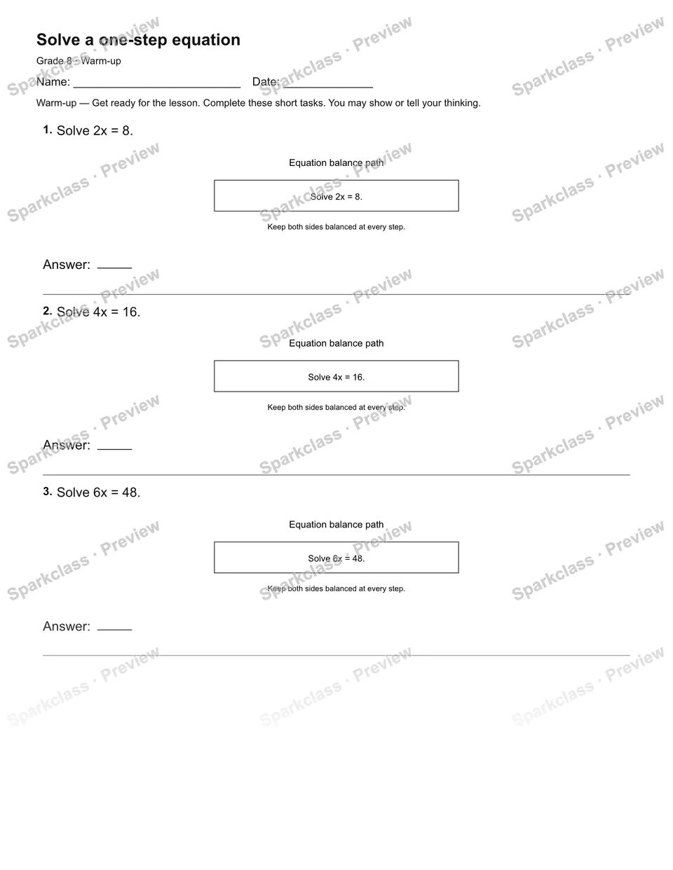 Solve a one-step equation — Warm-up — page 1