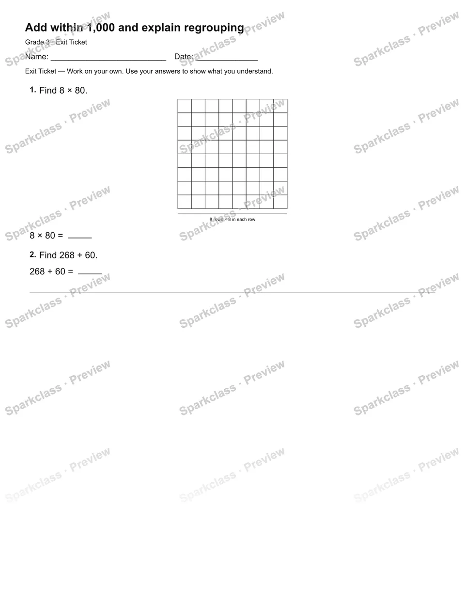 Add within 1,000 and explain regrouping — Exit Ticket — page 1