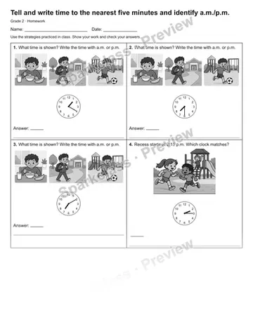 Tell and write time to the nearest five minutes and identify a.m./p.m. — Homework — Grade 2 worksheet preview